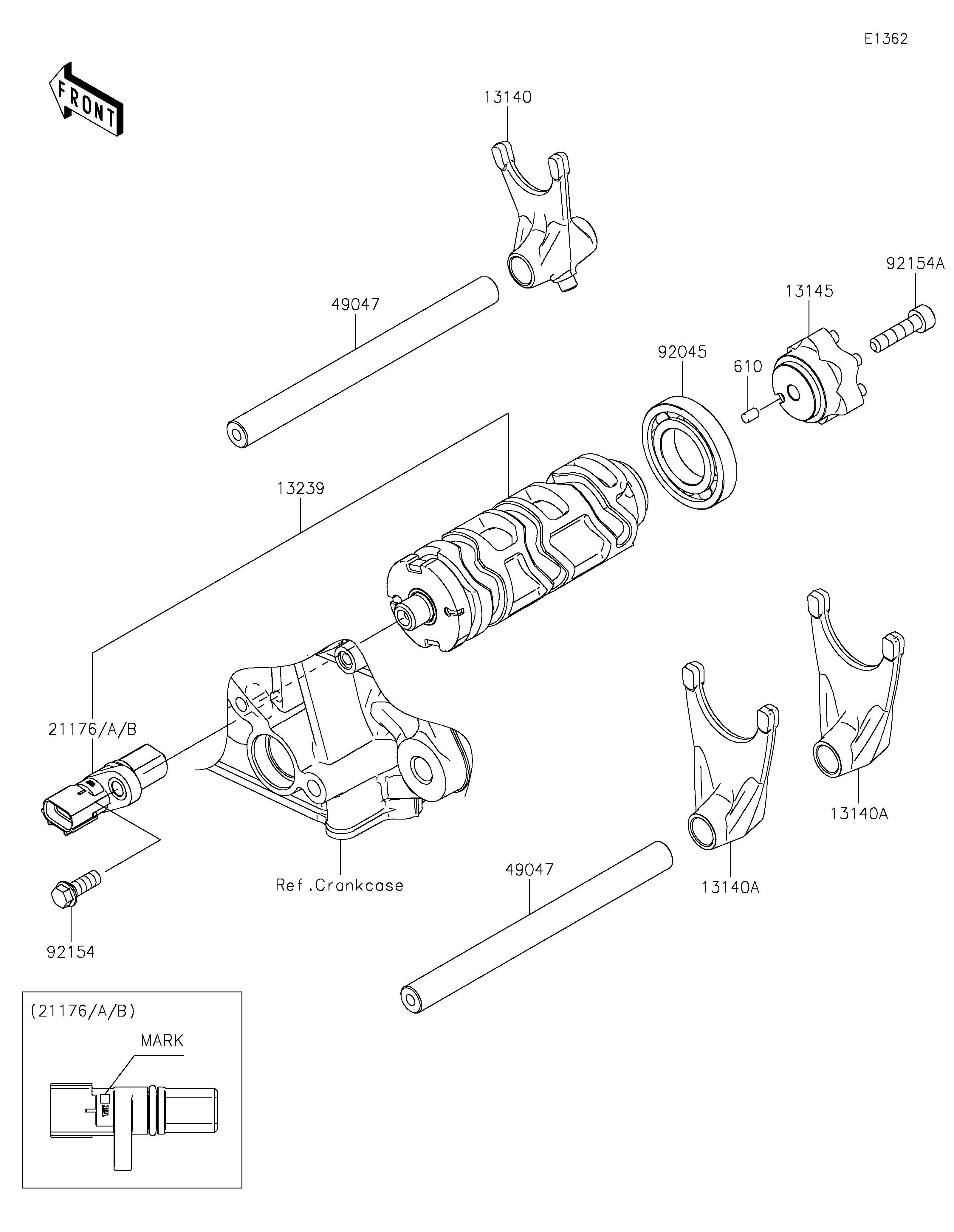 Gear Change Drum/Shift Fork(s) Sơ đồ tách chi tiết